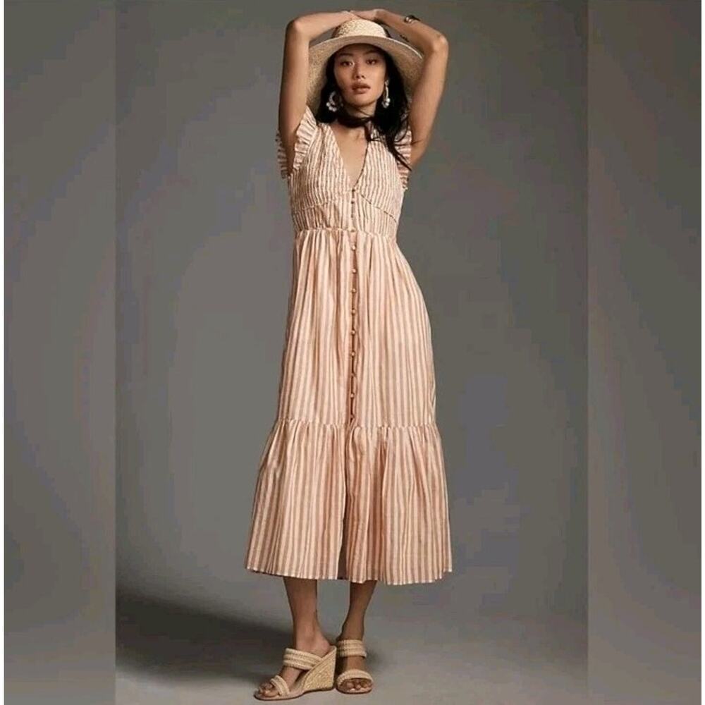 Anthropologie Peregrine Stripe Maxi Dress Flutter Sleeve Peach Cream Sz S Pocket